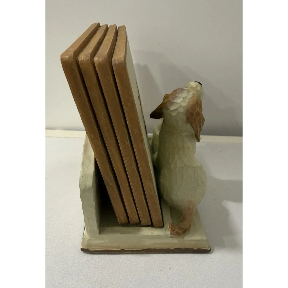Vintage 4 Coaster Set with 3D Dog Puppy Holder Handpainted Carparatian